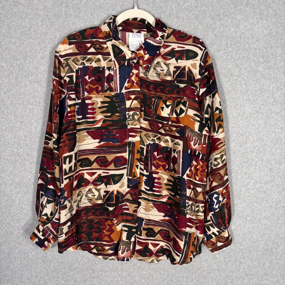 Vintage Tess Silk Button Up Blouse Medium Aztec Abstract Southwest Neutral 90s70